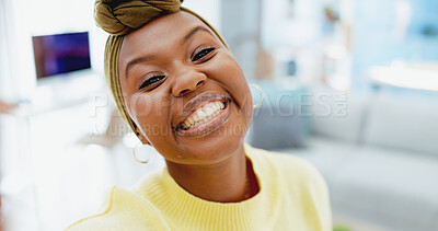 Buy stock photo Happy, selfie and portrait of black woman in home for social media, memory or follower engagement. Smile, female person and African influencer with photography picture for online blog in apartment.