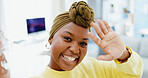 Home, portrait and woman with smile for vlog, content creation or communication with audience on web. Happy, influencer and black person on social media, live streaming and talk with fans on video