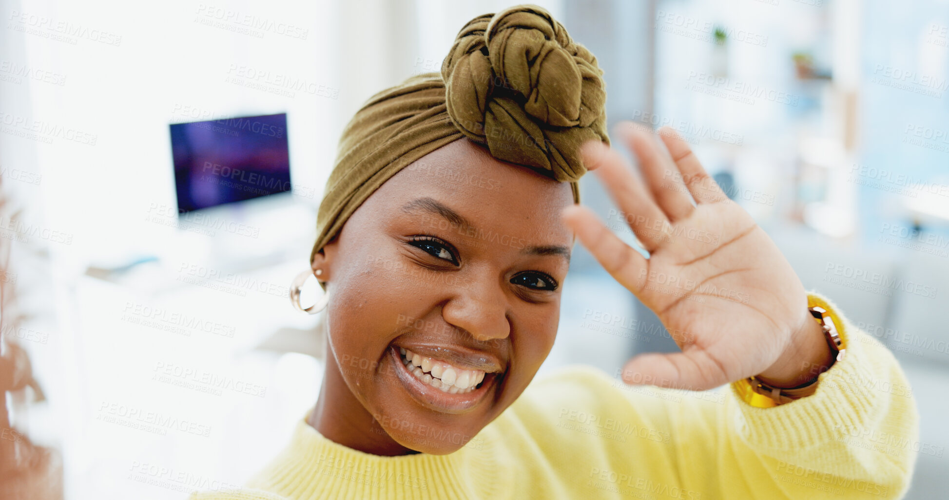 Buy stock photo Home, portrait and woman with smile for vlog, content creation or communication with audience on web. Happy, influencer and black person on social media, live streaming and talk with fans on video