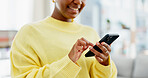 Home, hands or woman with phone for social media, check message notification and app for networking. Smile, online communication or person with mobile to upload status, browsing internet or blog post