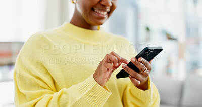 Buy stock photo Home, hands or woman with phone for social media, check message notification and app for networking. Smile, online communication or person with mobile to upload status, browsing internet or blog post