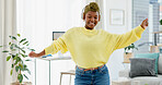 Headphones, dancing and black woman with smile in home, streaming music and groove to weekend radio. Playlist, audio tech and happy person with song in apartment, listening and moving to track beat