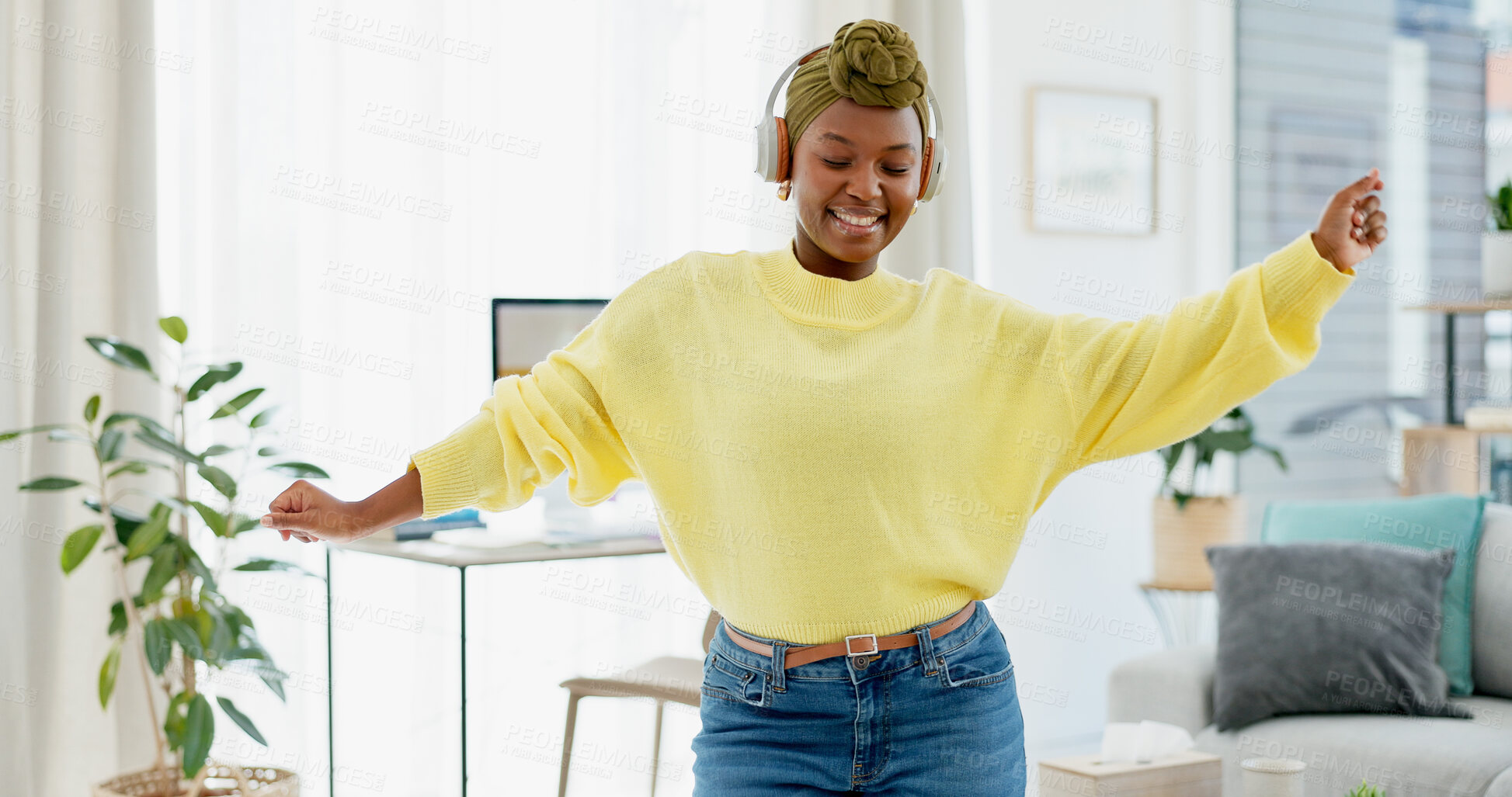 Buy stock photo Headphones, dancing and black woman with smile in home, streaming music and groove to weekend radio. Playlist, audio tech and happy person with song in apartment, listening and moving to track beat