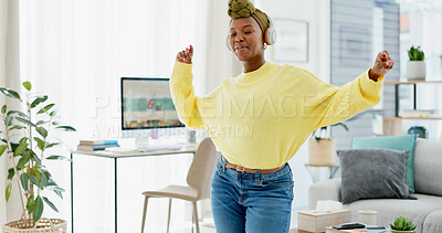 Buy stock photo Headphones, dancing and black woman with smile in house, streaming music and groove to weekend radio. Playlist, audio tech and happy person with song in apartment, listening and moving to track beat