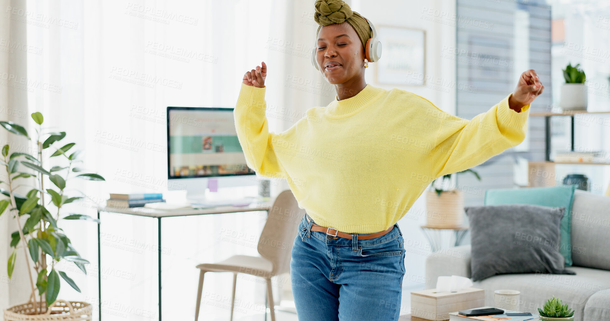 Buy stock photo Headphones, dancing and black woman with smile in house, streaming music and groove to weekend radio. Playlist, audio tech and happy person with song in apartment, listening and moving to track beat