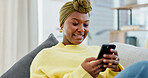 Reading, smile or woman with phone on sofa, social media app or message notification for networking. Home, online chat or black person with mobile to upload status, browsing internet or blog post