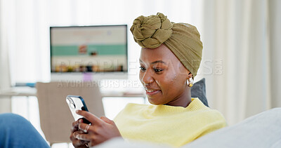 Buy stock photo Reading, smile or woman with phone in home, social media app or message notification for networking. Texting, online chat or black person with mobile to upload status, browsing internet or blog post
