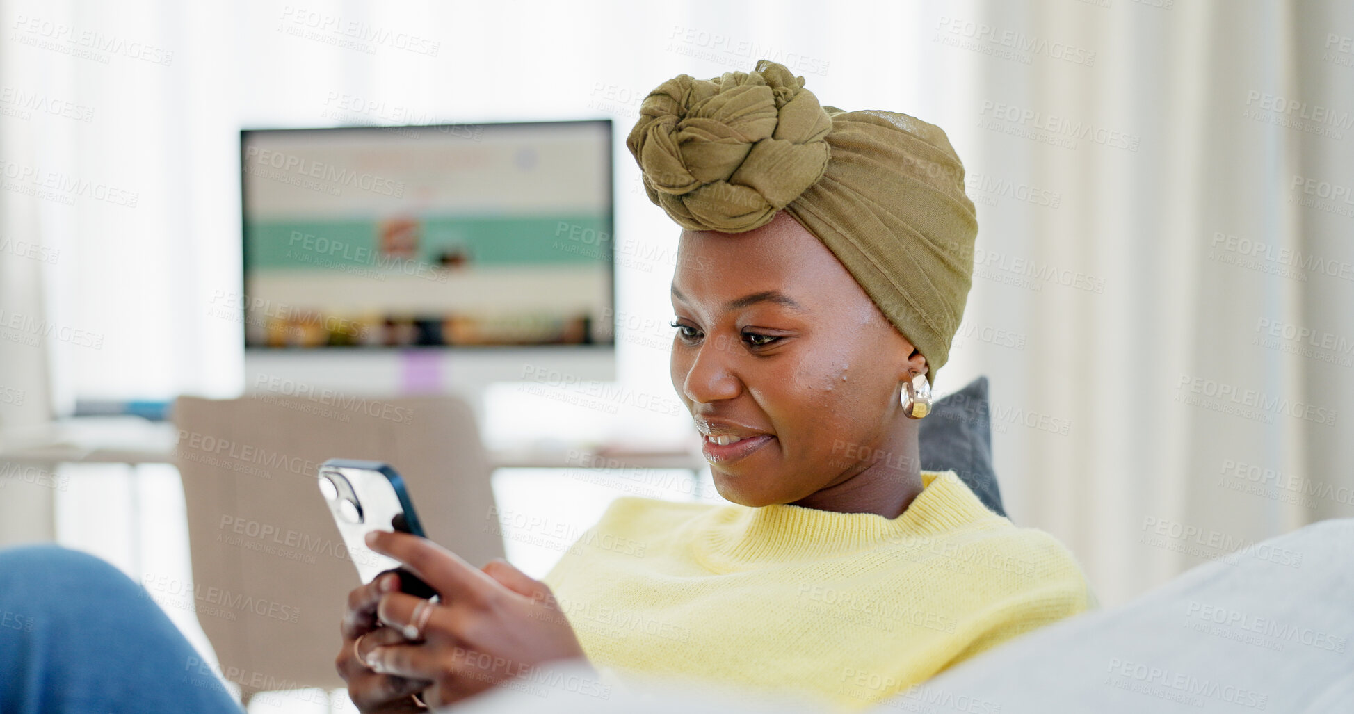 Buy stock photo Reading, smile or woman with phone in home, social media app or message notification for networking. Texting, online chat or black person with mobile to upload status, browsing internet or blog post