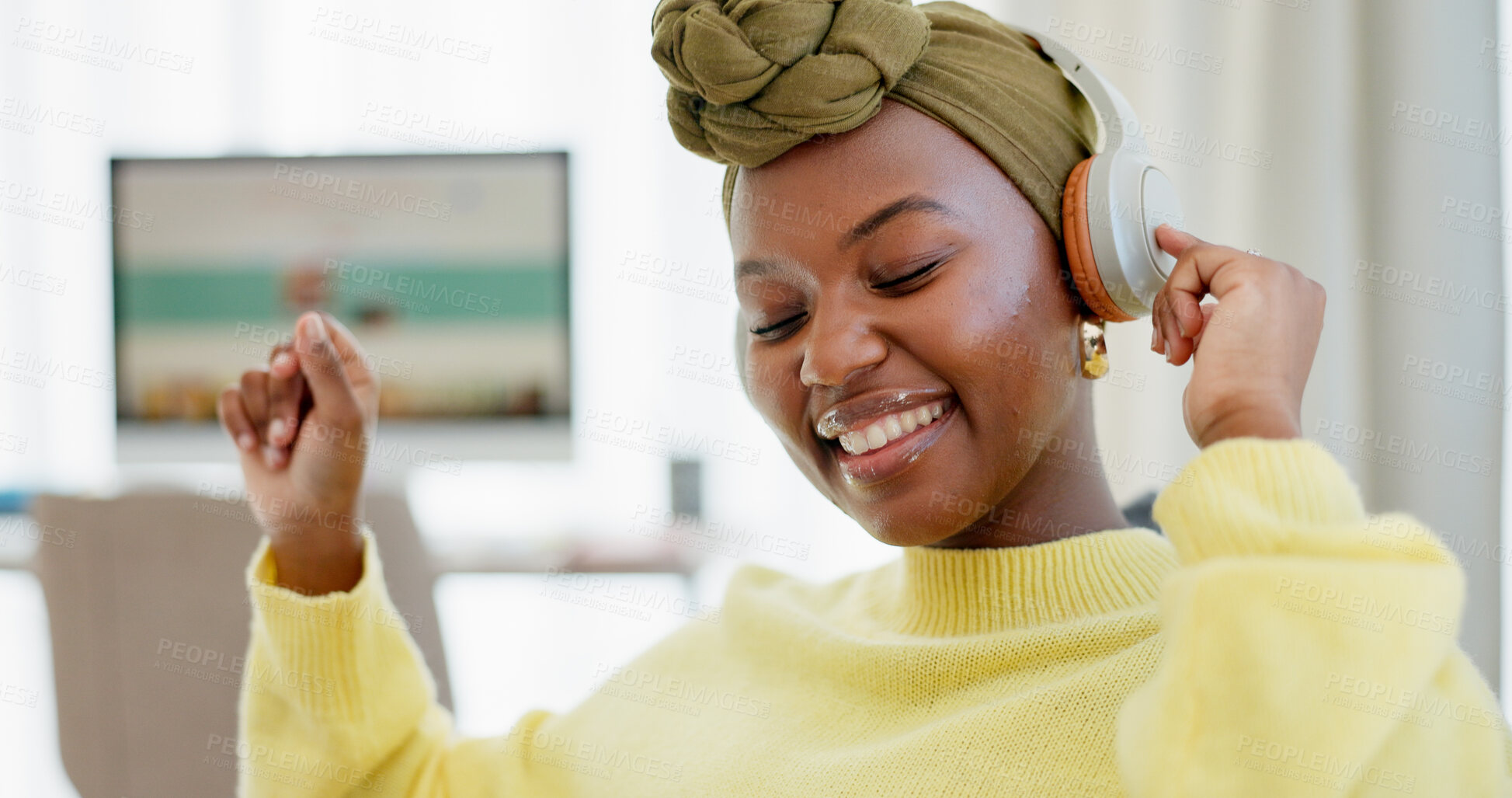 Buy stock photo Headphones, dance and black woman with smile in home, streaming music and groove to weekend radio. Playlist, audio tech and happy person with song in apartment, listening and moving to track beat