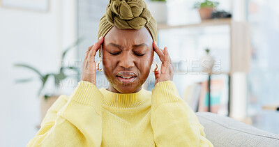Buy stock photo Headache, pain and black woman in home, tired and health risk with pressure in living room. Apartment, brain fog and African person with stress, migraine or tension with fatigue, crisis or burnout