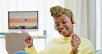 Home, dancing and happy woman with headphones for music, fun or playlist for entertainment in lounge. Streaming, audio and black person with tech for radio, relax and listening to song in apartment