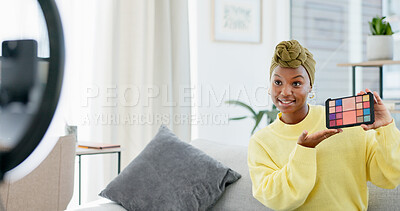 Buy stock photo Home, ring light or black woman with makeup palette, beauty influencer or recording for review video. Live stream, smile or content creator with cosmetics opinion for audience, tech or product rating