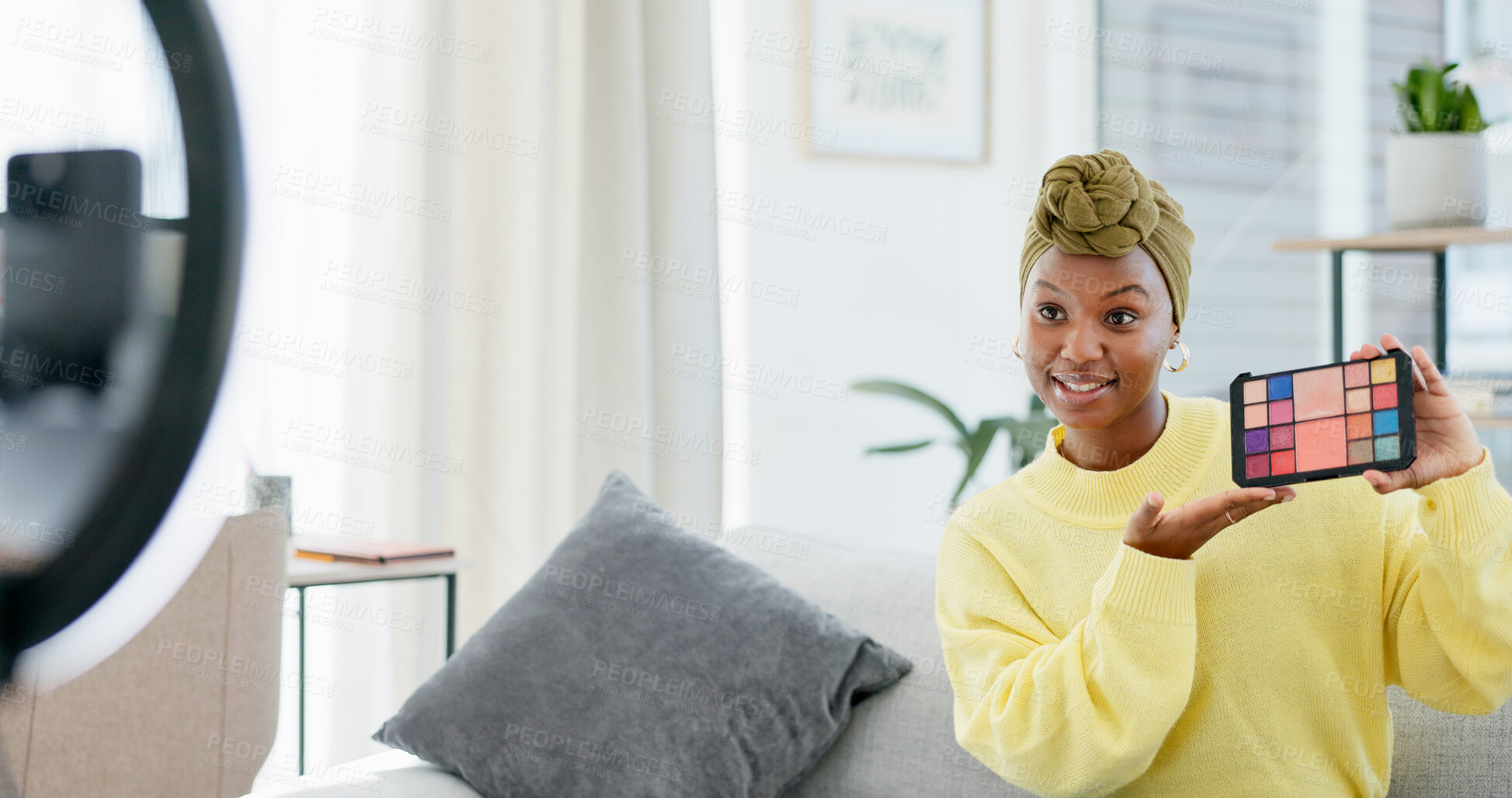 Buy stock photo Home, ring light or black woman with makeup palette, beauty influencer or recording for review video. Live stream, smile or content creator with cosmetics opinion for audience, tech or product rating