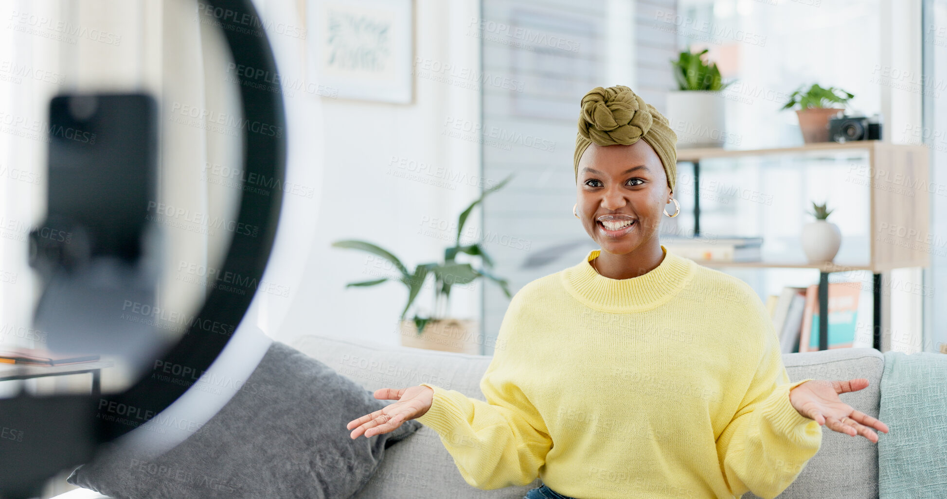 Buy stock photo Speaking, influencer and black woman with ring light in home, broadcast and recording video for channel. Smile, talk and content creator with tech in lounge, live stream or vlog for online engagement