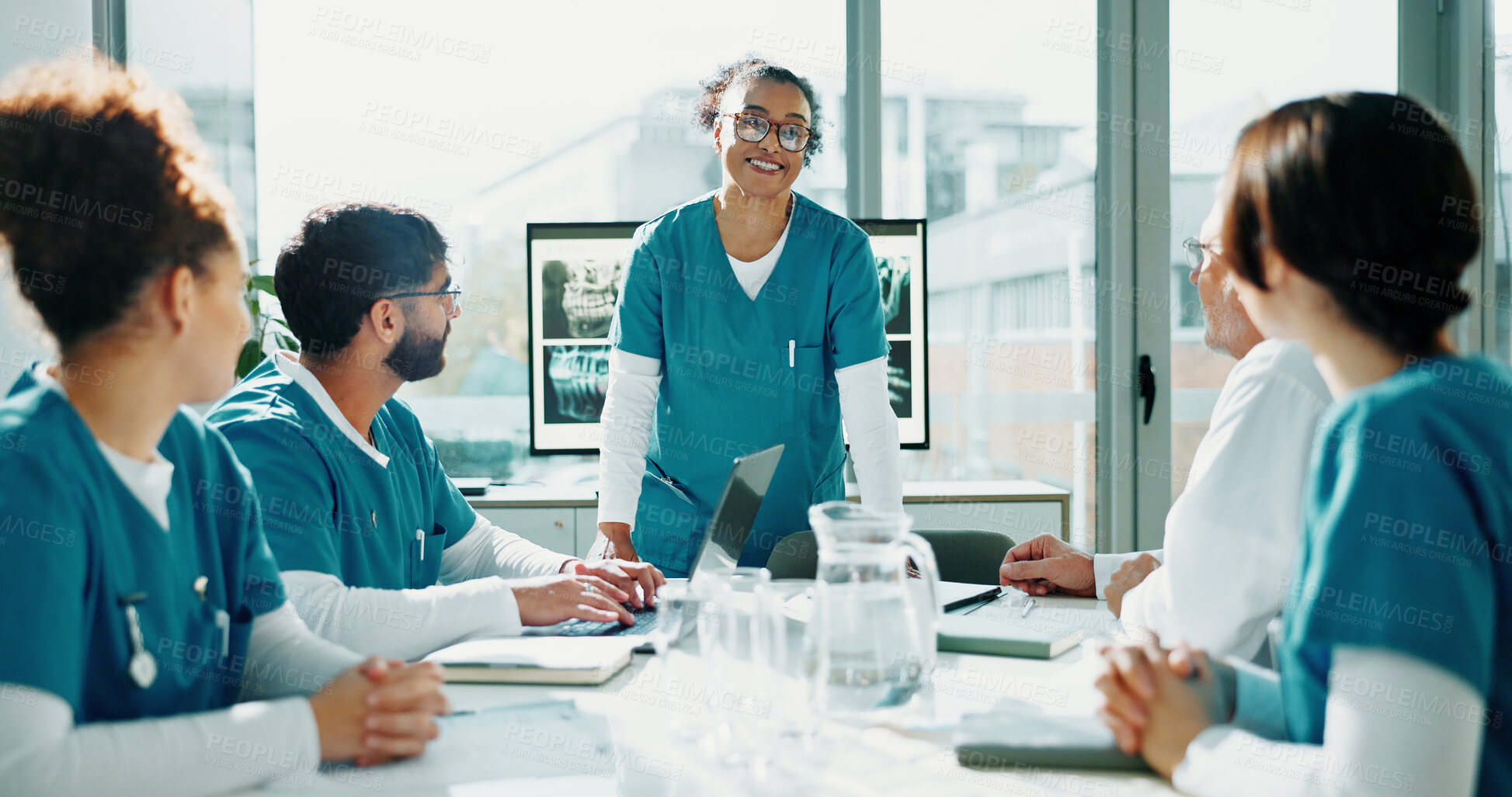 Buy stock photo Smile, doctors or woman with presentation in boardroom, operation case study or medical resident training. Advice, speaking or surgeon with healthcare students for surgery info, workshop or education