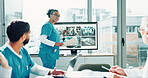 Presentation, doctor or woman talk for healthcare, explain medical research or breakthrough scan tech. Boardroom, radiology training or people with workshop for x ray education, speaking or learning