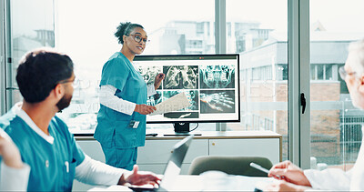 Buy stock photo Healthcare, woman or doctor with x ray presentation, medical research talk or breakthrough scan tech. Boardroom, radiology training or people with diagnosis workshop for education, speaking or learn