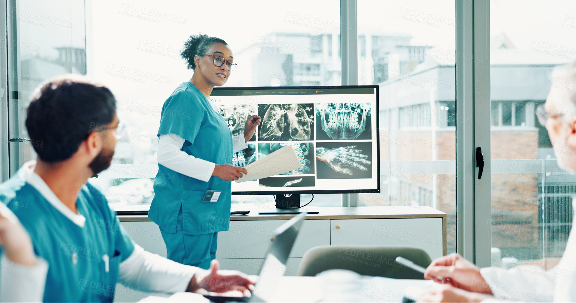 Buy stock photo Healthcare, woman or doctor with x ray presentation, medical research talk or breakthrough scan tech. Boardroom, radiology training or people with diagnosis workshop for education, speaking or learn