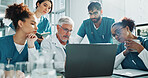 Doctor, nurses and discussion in hospital with laptop, meeting and medical research for diagnosis. Healthcare worker, people and talk with computer, advice and collaboration for test results review.