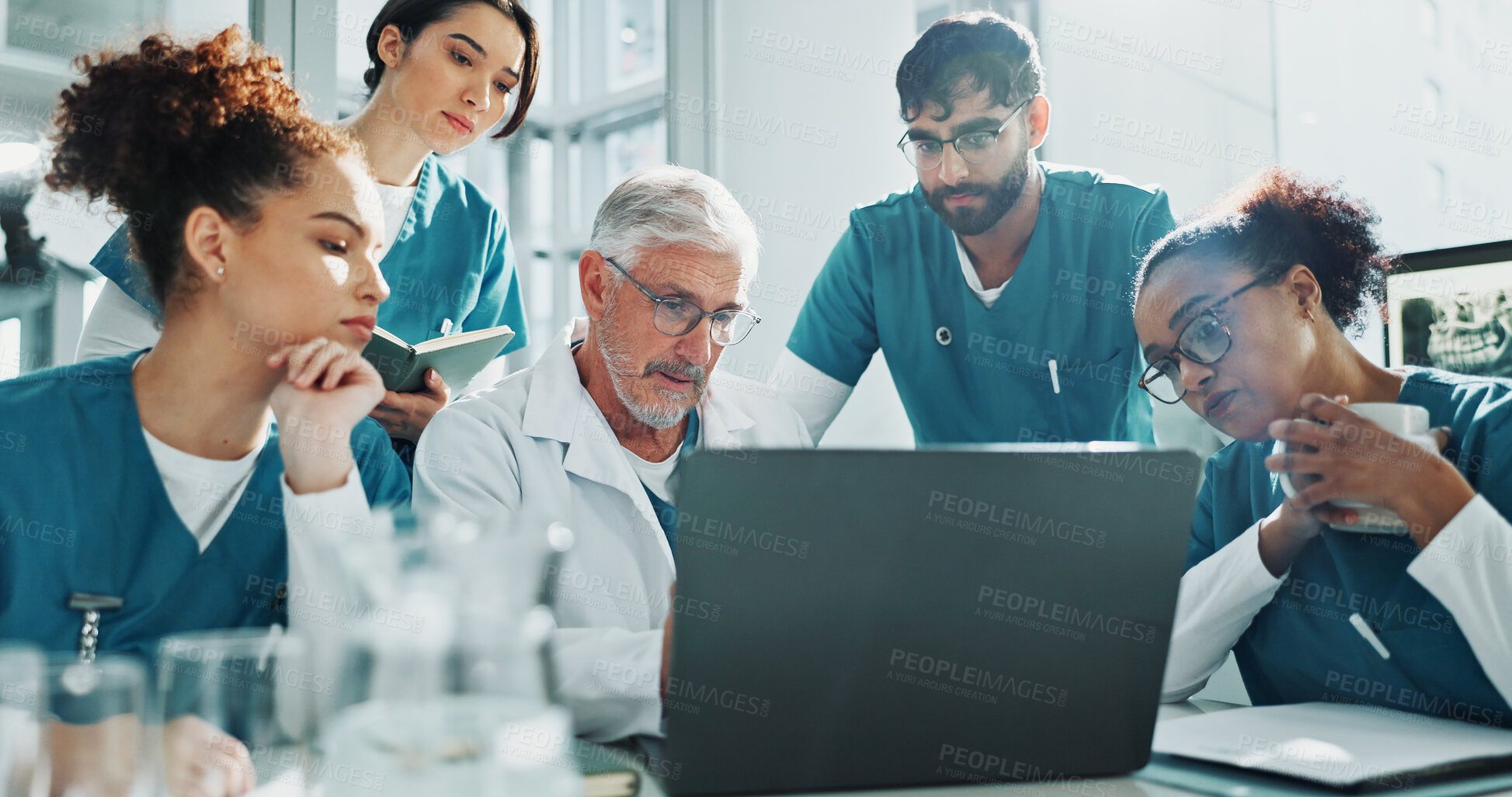 Buy stock photo Doctor, nurses and discussion in hospital with laptop, meeting and medical research for diagnosis. Healthcare team, people and talk with computer, advice and collaboration for test results review.