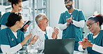 Applause, man and doctor team with laptop in hospital, congratulations and medical journal success. Publishing approval, support and happy people clapping for healthcare achievement, pc and celebrate