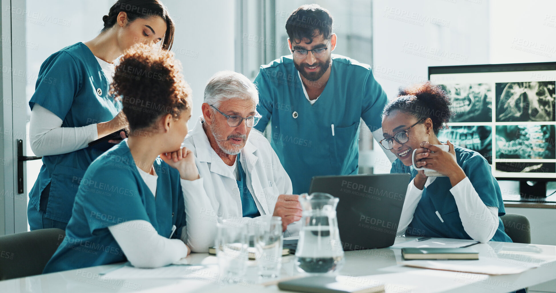 Buy stock photo Doctor, nurses and meeting in hospital with laptop, discussion and medical research for diagnosis. Healthcare team, people and talk in clinic with computer, advice or planning together for surgery.