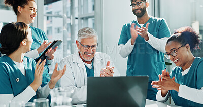 Buy stock photo Applause, man and doctor team with laptop in clinic, congratulations and medical journal success. Publishing approval, support and happy people clapping for healthcare achievement, pc and celebrate