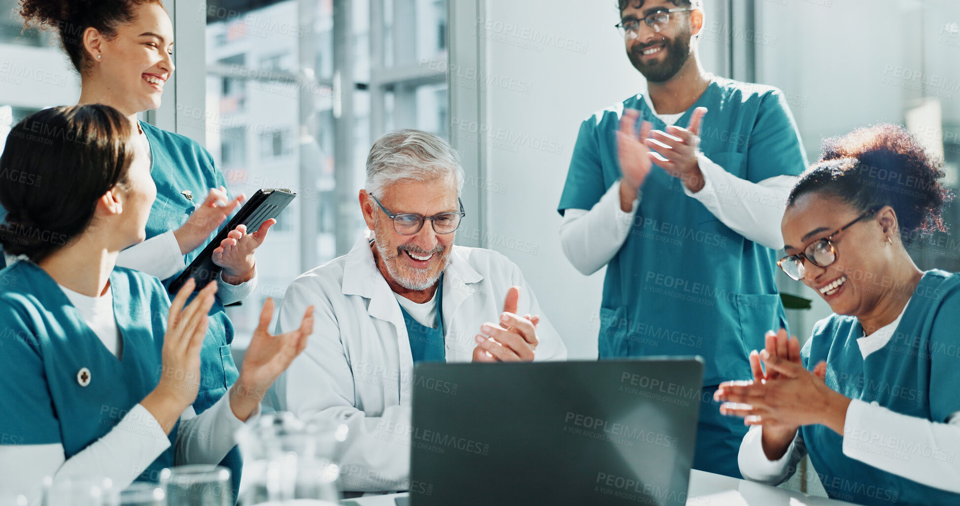Buy stock photo Applause, man and doctor team with laptop in clinic, congratulations and medical journal success. Publishing approval, support and happy people clapping for healthcare achievement, pc and celebrate
