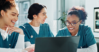 Buy stock photo Nurses, laugh and meeting in hospital with laptop, discussion and funny joke for medical research. Healthcare worker, people and happy in clinic with computer, humor or planning together for schedule