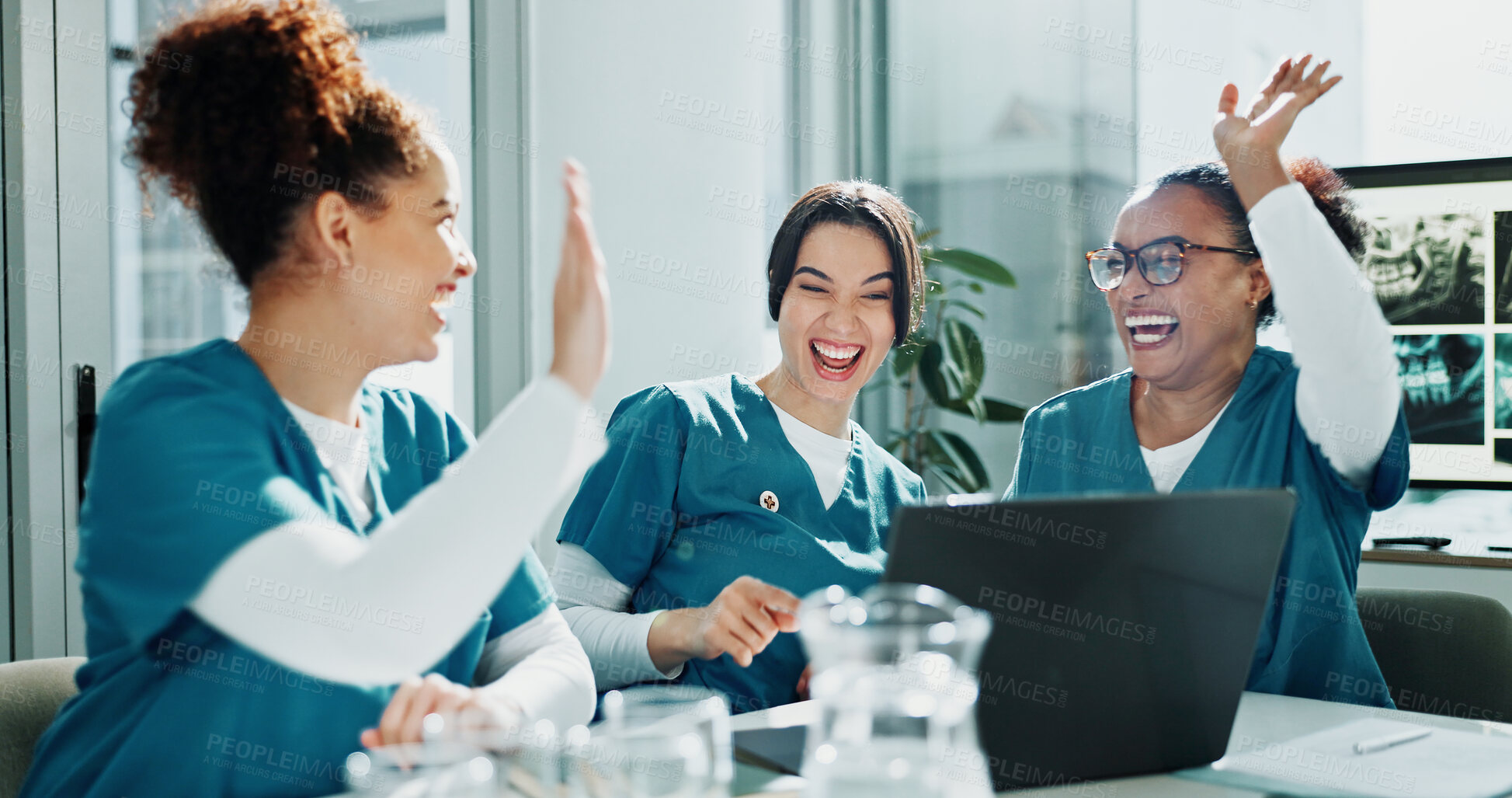 Buy stock photo Happy women, nurse and celebration with high five for teamwork, winning or success in hospital. Female people, healthcare workers or group with laptop or smile for good news or achievement in clinic