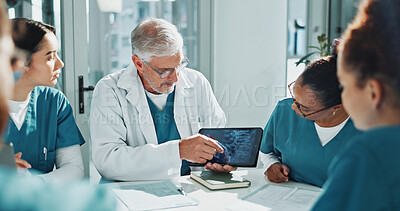 Buy stock photo Doctor, nurse and x ray in meeting with tablet screen, training team or medical research for diagnosis. Healthcare worker, people and teaching in hospital with tech, scan or discussion for case study