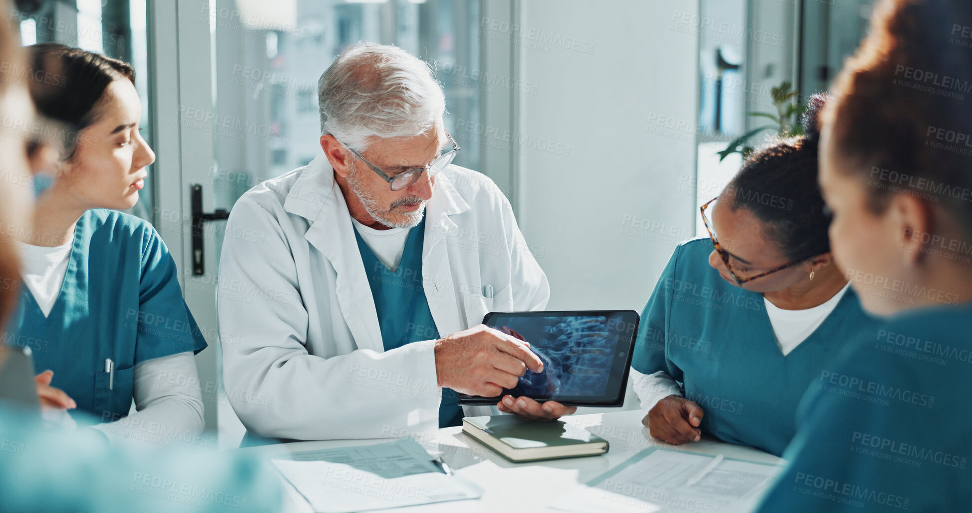 Buy stock photo Doctor, nurse and x ray in meeting with tablet screen, training team or medical research for diagnosis. Healthcare worker, people and teaching in hospital with tech, scan or discussion for case study