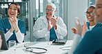 Happy people, doctor and team with applause in office for medical success, good news or promotion. Excited, group or healthcare workers clapping with smile for congratulations or achievement together