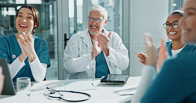 Buy stock photo Happy people, doctor and team with applause in office for medical success, good news or promotion. Excited, group or healthcare workers clapping with smile for congratulations or achievement together