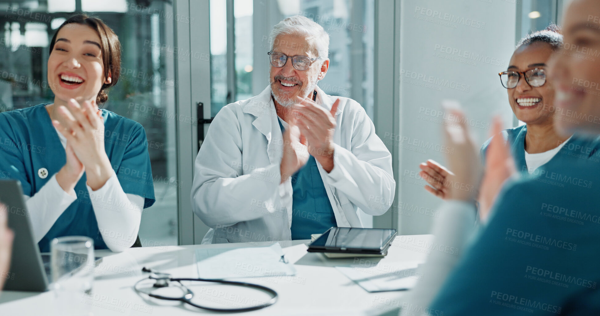 Buy stock photo Happy people, doctor and team with applause in office for medical success, good news or promotion. Excited, group or healthcare workers clapping with smile for congratulations or achievement together