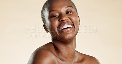 Buy stock photo Skincare, happy and portrait of black woman with beauty, natural and facial cosmetics for wellness. Laugh, smile and African female person with face dermatology for glow by studio background.