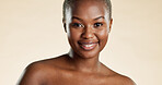 Skincare, smile and portrait of black woman with beauty, natural and facial cosmetics for wellness. Relax, smile and African female person with face dermatology for glow by studio background.