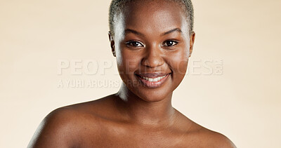 Buy stock photo Skincare, smile and portrait of black woman with beauty, natural and facial cosmetics for wellness. Relax, happy and African female person with face dermatology for glow by studio background.