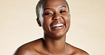 Skincare, happy and portrait of black woman with natural, beauty and facial cosmetics for wellness. Laugh, smile and African female person with face dermatology for glow by studio background.
