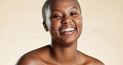 Buy stock photo Skincare, happy and portrait of black woman with natural, beauty and facial cosmetics for wellness. Laugh, smile and African female person with face dermatology for glow by studio background.