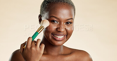 Buy stock photo Brush, portrait and black woman with beauty, cosmetics or facial glow by studio background. Happy, makeup and African female person with tool for face cosmetology with blush for self care routine.