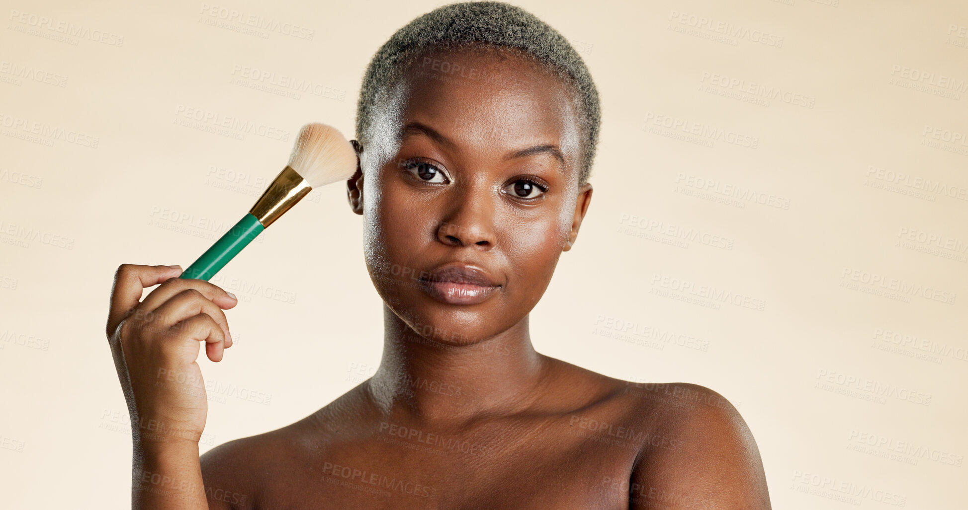 Buy stock photo Brush, cosmetics and portrait of black woman with beauty, makeup or facial glow by studio background. Serious, foundation and African female person with tool for cosmetology with blush for self care.