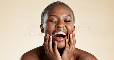 Buy stock photo Black woman, laugh and beauty with skincare in studio background for shine, self care and aesthetic. Space, female person and humor with cosmetics for clear skin, facial dermatology and natural glow