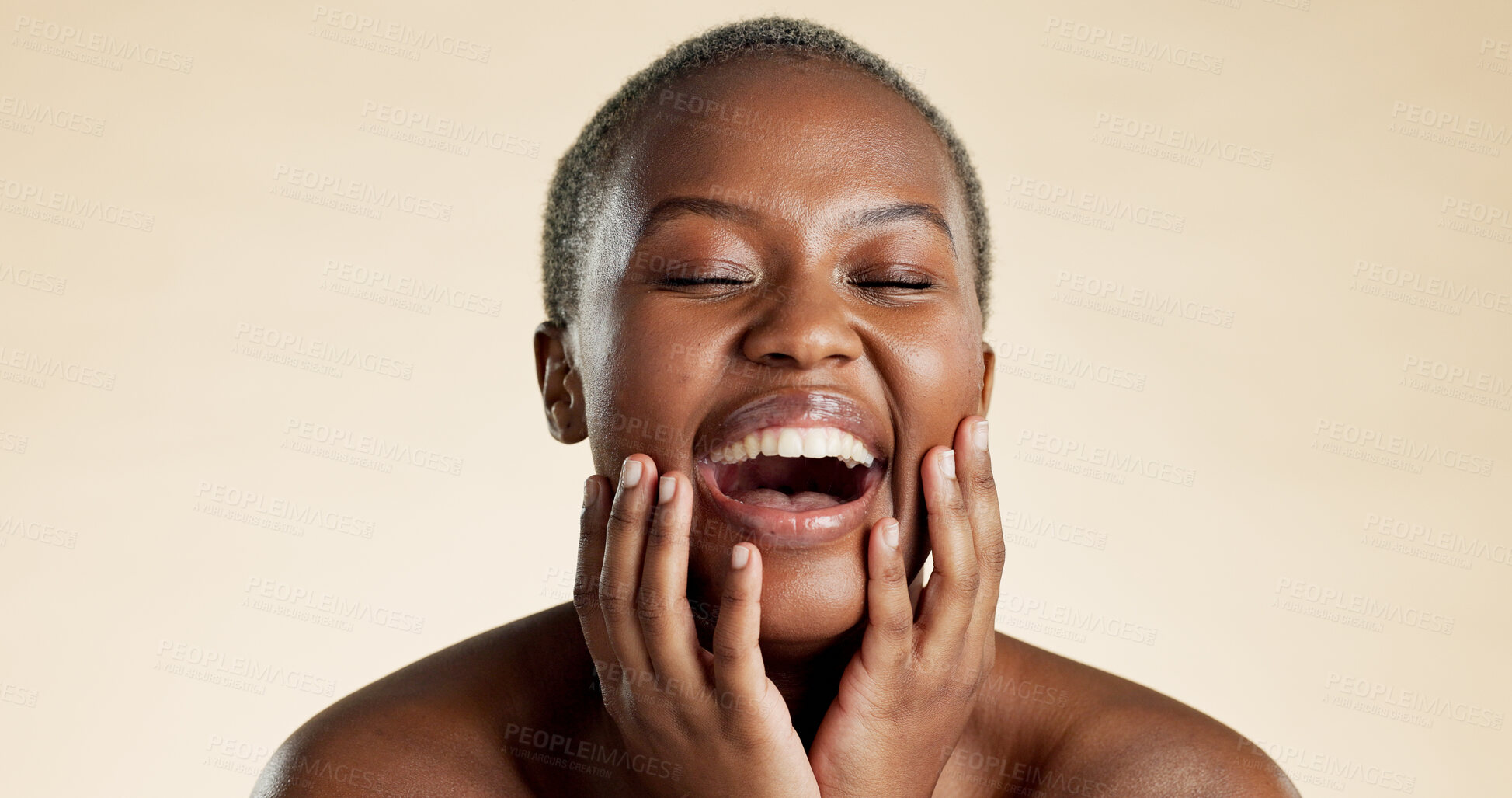 Buy stock photo Black woman, laugh and beauty with skincare in studio background for shine, self care and aesthetic. Space, female person and humor with cosmetics for clear skin, facial dermatology and natural glow