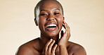 Portrait, smile and black woman with skincare in studio background for beauty, shine and self care. Space, female person and laugh with cosmetics for healthy skin, facial dermatology and natural glow