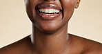 Happy, teeth and mouth of woman with dentistry, dental care and wellness for whitening routine. Smile, hygiene and person with oral care for fresh breath or cavity protection by studio background.