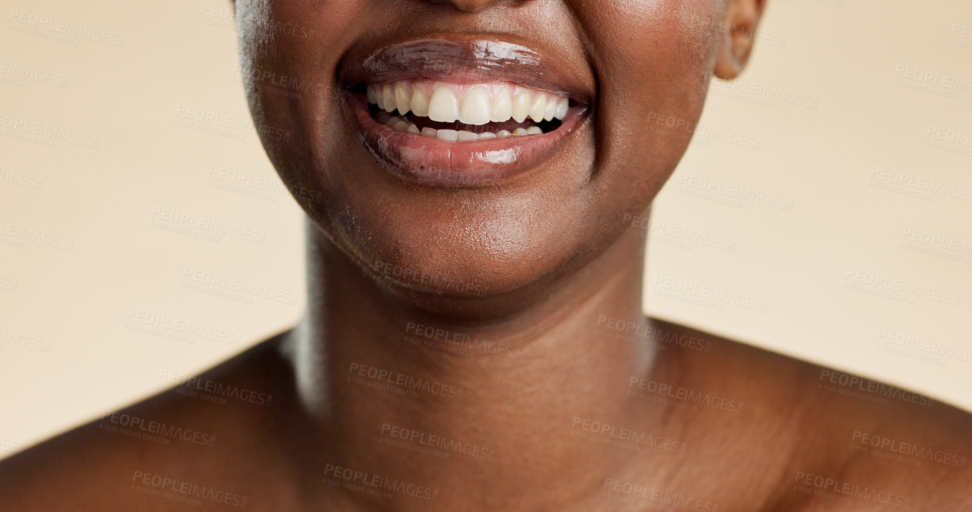 Buy stock photo Happy, teeth and mouth of woman with dentistry, dental health and wellness for whitening routine. Smile, hygiene and person with oral care for fresh breath or cavity protection by studio background.