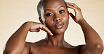 Portrait, black woman and beauty with skincare in studio background for hydration, cosmetics and self care. Space, female person and confident with healthy skin, facial dermatology and natural glow
