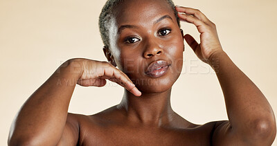 Buy stock photo Portrait, black woman and beauty with skincare in studio background for hydration, cosmetics and self care. Space, female person and confident with healthy skin, facial dermatology and natural glow