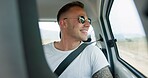 Man, thinking and road trip in car window with smile, travel vacation or sunglasses for weekend break. Happy, person and journey in vehicle with holiday adventure, reflection or  tourist sightseeing.